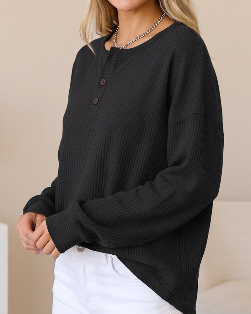 Waffle Knit Button-Front Pullover Top