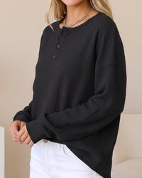 Waffle Knit Button-Front Pullover Top