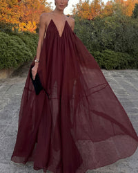 Elegant V-Neck Chiffon Flowy Maxi Dress