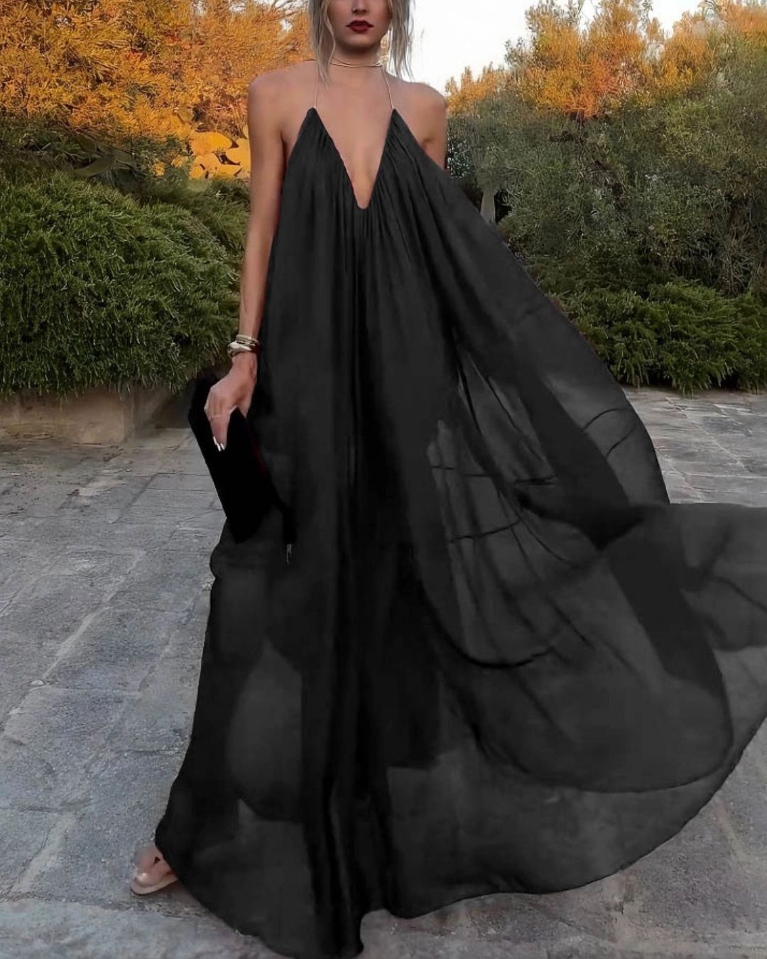 Elegant V-Neck Chiffon Flowy Maxi Dress