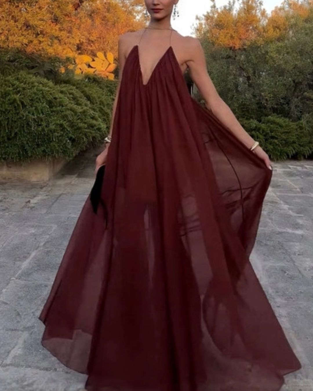 Elegant V-Neck Chiffon Flowy Maxi Dress