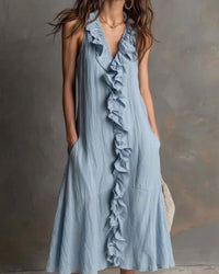 Ruffle-Front V-Neck Sleeveless Maxi Dress