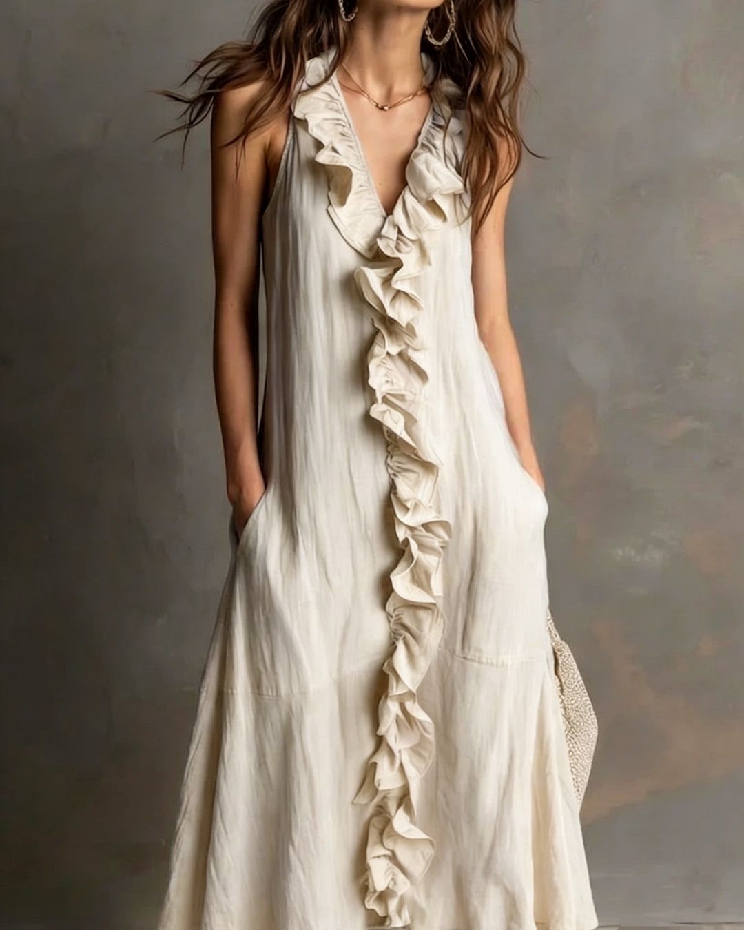 Ruffle-Front V-Neck Maxi Dress