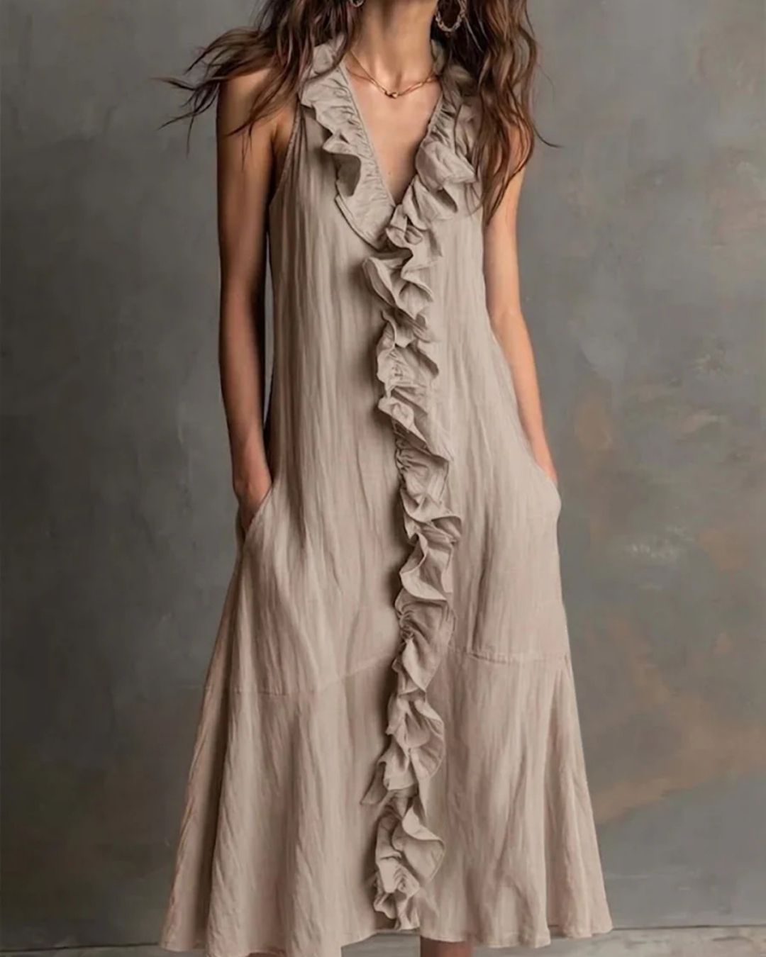 Ruffle-Front V-Neck Sleeveless Maxi Dress