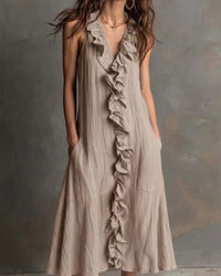 Ruffle-Front V-Neck Sleeveless Maxi Dress