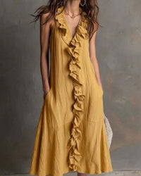 Ruffle-Front V-Neck Sleeveless Maxi Dress