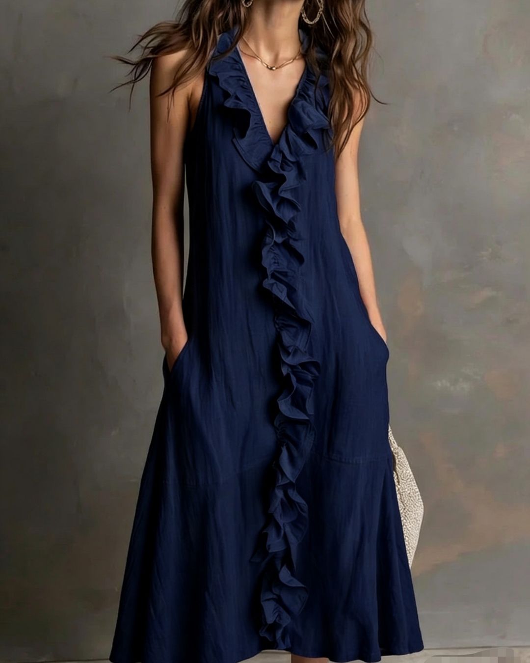 Ruffle-Front V-Neck Sleeveless Maxi Dress