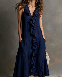 Ruffle-Front V-Neck Sleeveless Maxi Dress