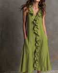Ruffle-Front V-Neck Sleeveless Maxi Dress