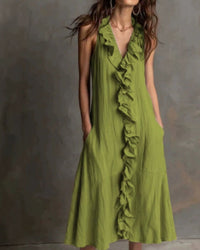 Ruffle-Front V-Neck Sleeveless Maxi Dress