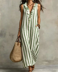 Stripe Ruffle V-Neck Pocket Dress