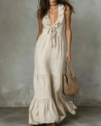 Casual Deep V Ruffled Sleeveless Dress