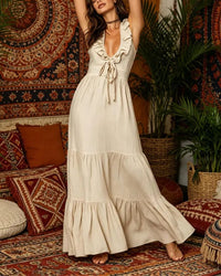 Casual Deep V Ruffled Sleeveless Dress
