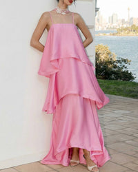 Elegant Three-Layer Ruffle Sling Maxi Dress