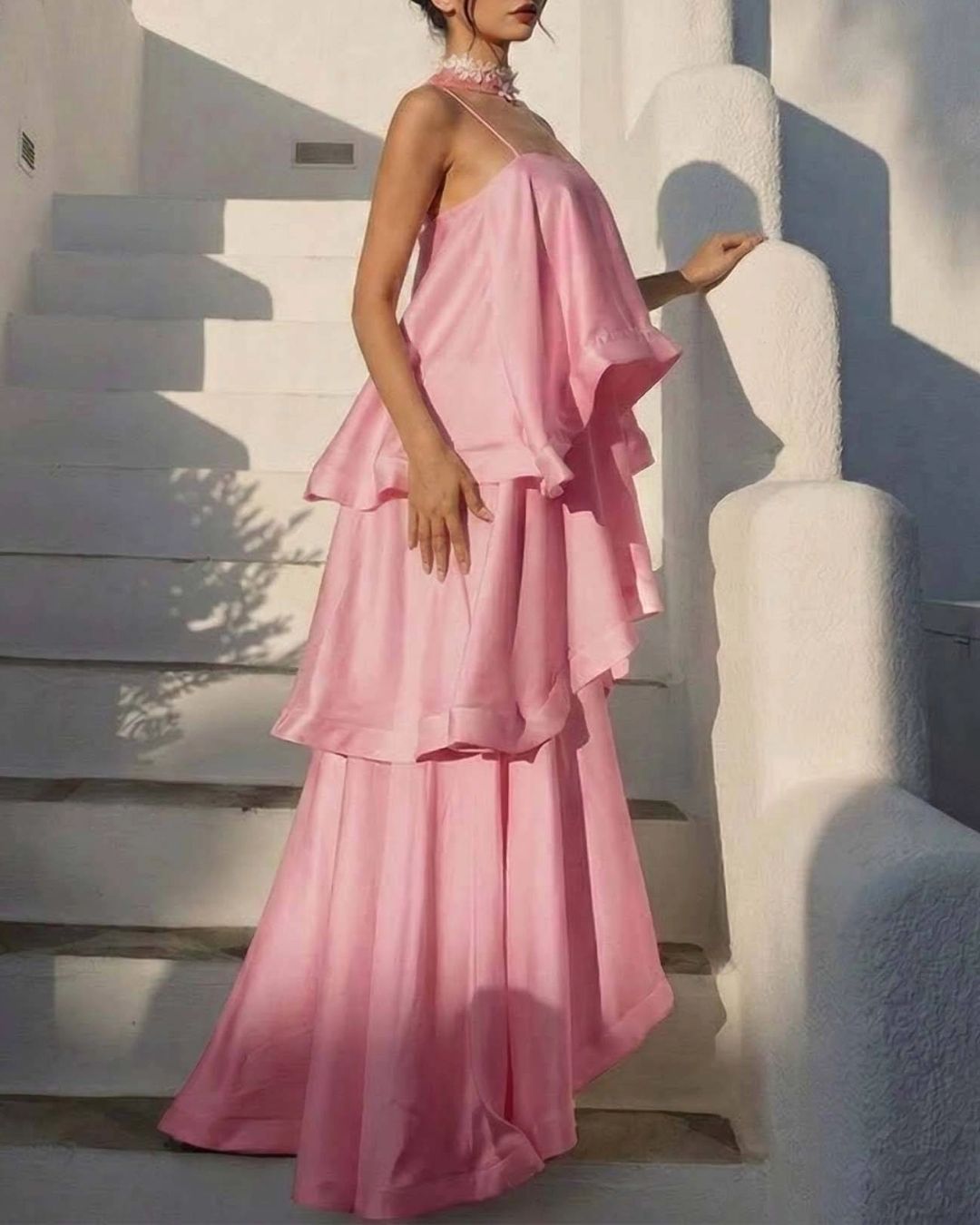 Elegant Three-Layer Ruffle Sling Maxi Dress