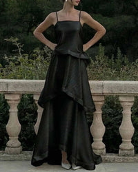 Elegant Three-Layer Ruffle Sling Maxi Dress