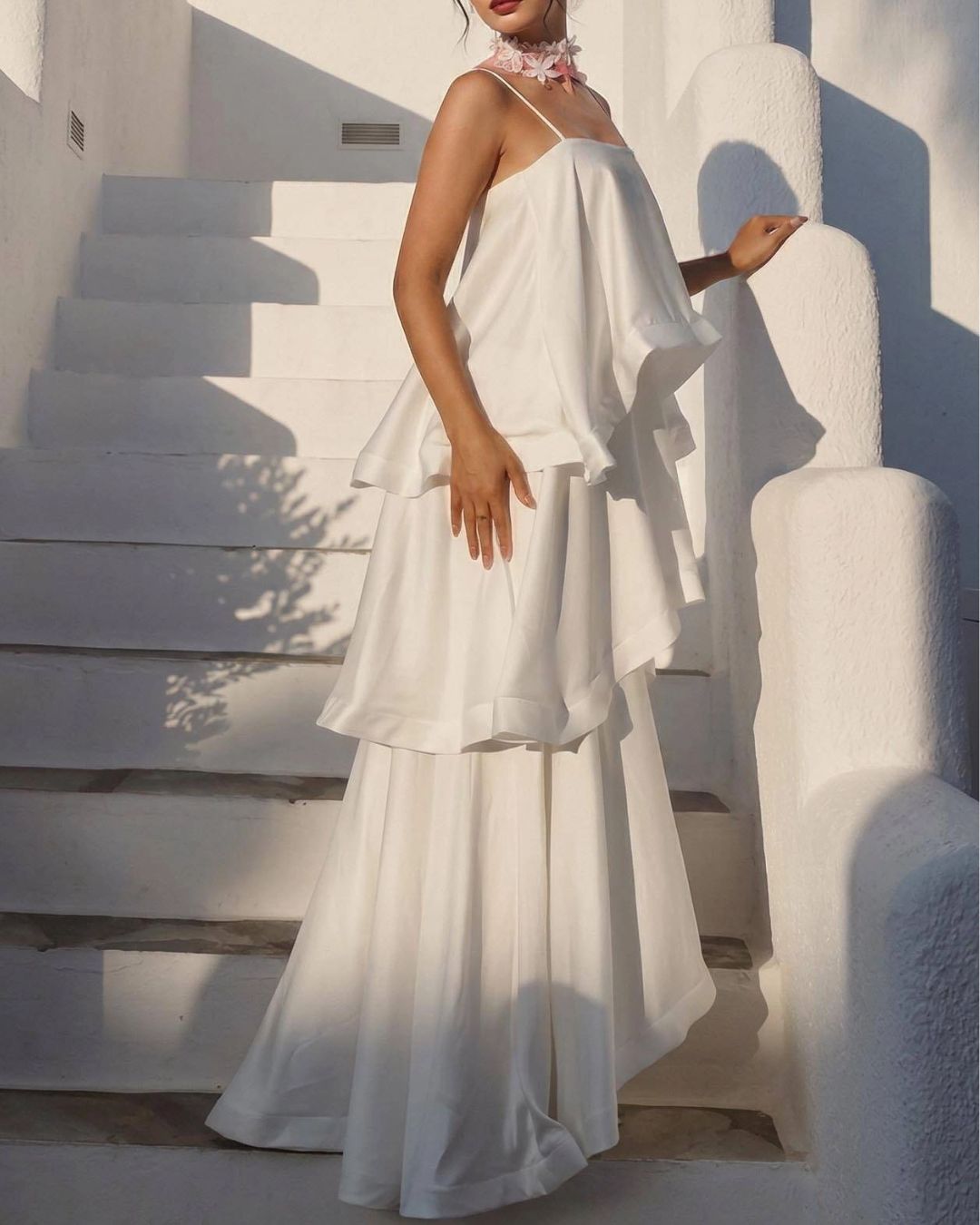 Elegant Three-Layer Ruffle Sling Maxi Dress