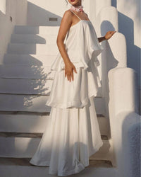 Elegant Three-Layer Ruffle Sling Maxi Dress