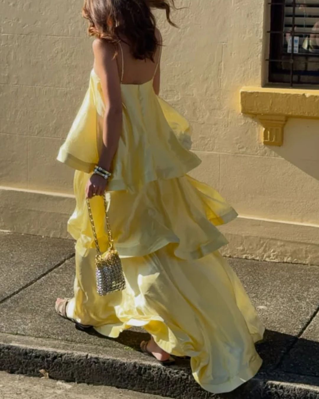 Elegant Three-Layer Ruffle Sling Maxi Dress