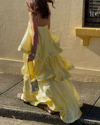 Elegant Three-Layer Ruffle Sling Maxi Dress