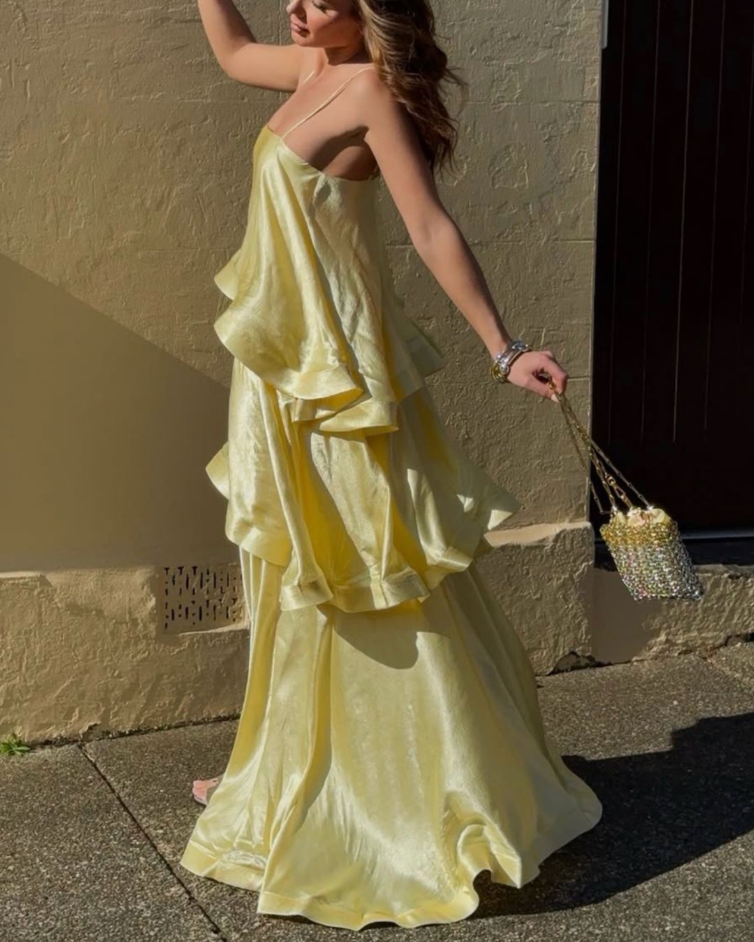 Elegant Three-Layer Ruffle Sling Maxi Dress