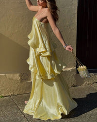 Elegant Three-Layer Ruffle Sling Maxi Dress