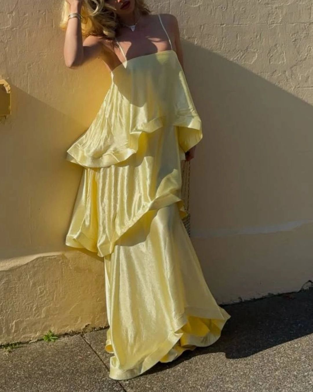 Elegant Three-Layer Ruffle Sling Maxi Dress