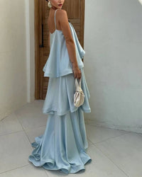 Elegant Three-Layer Ruffle Sling Maxi Dress