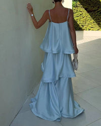 Elegant Three-Layer Ruffle Sling Maxi Dress