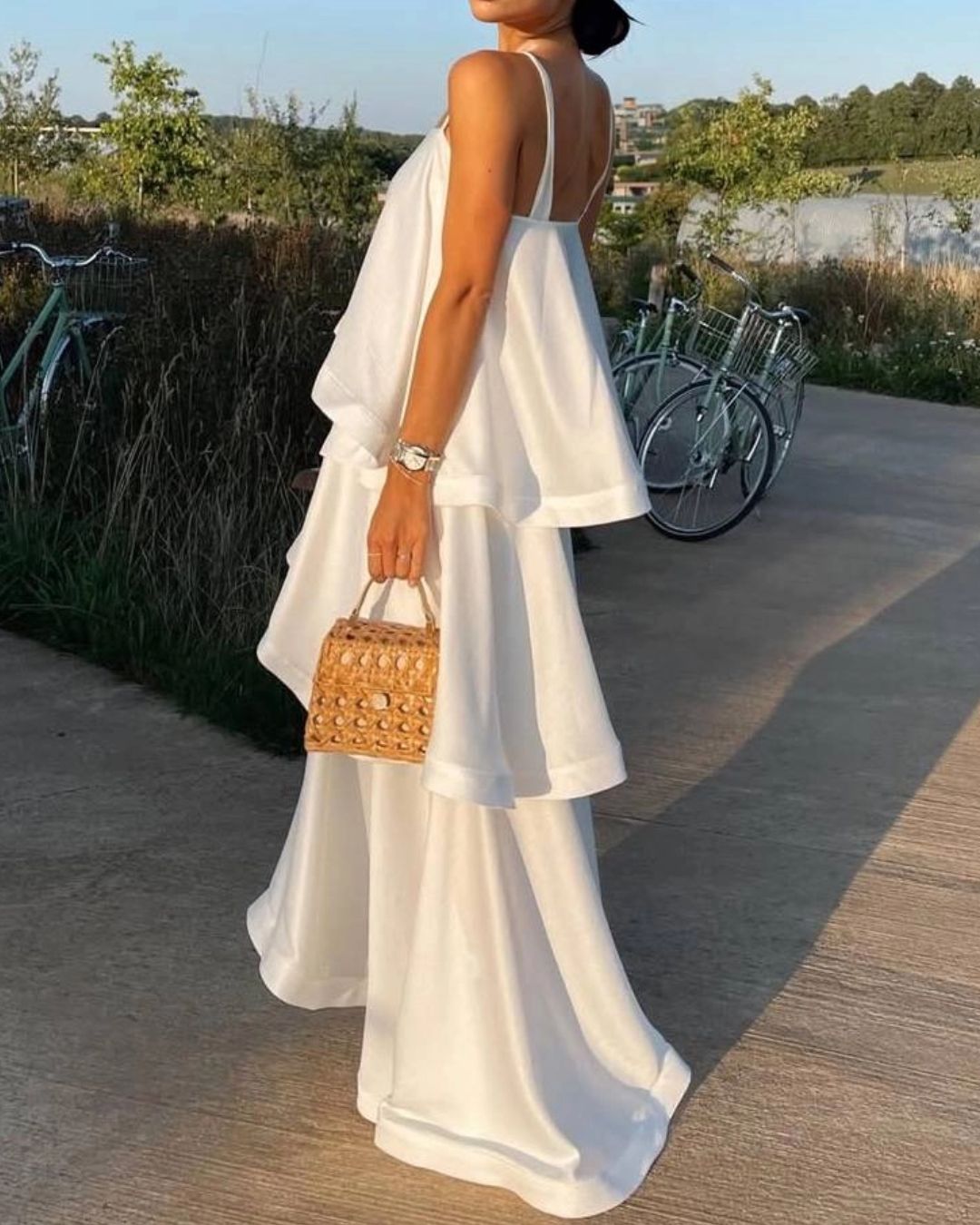 Elegant Three-Layer Ruffle Sling Maxi Dress