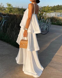 Elegant Three-Layer Ruffle Sling Maxi Dress