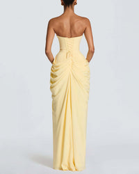 Strapless Ruched High Slit Corset Maxi Dress