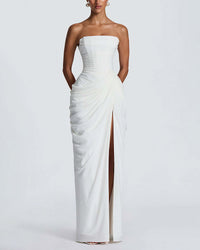 Strapless Ruched High Slit Corset Maxi Dress