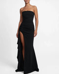 Elegant Strapless Ruched High Slit Maxi Evening Gown