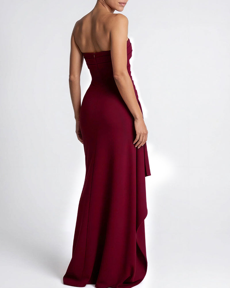 Elegant Strapless Ruched High Slit Maxi Evening Gown