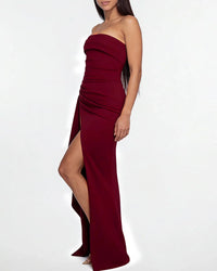 Elegant Strapless Ruched High Slit Maxi Evening Gown