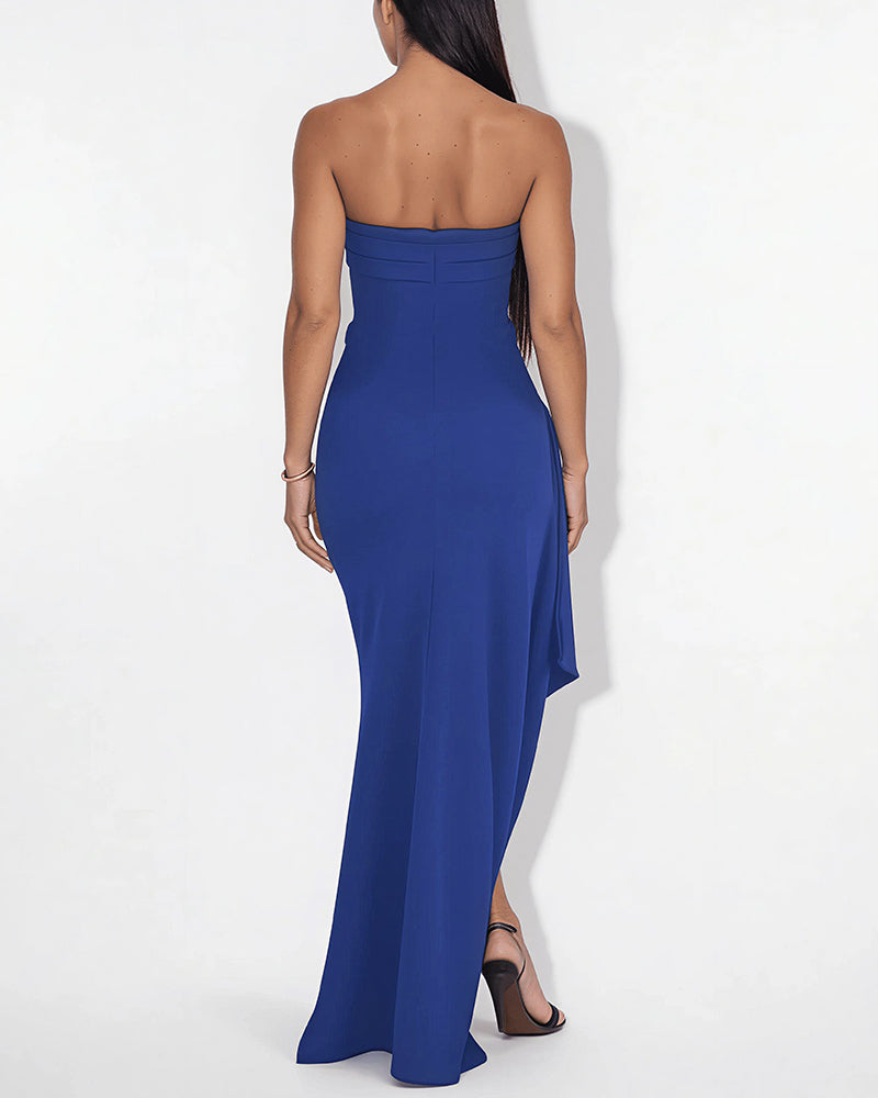 Elegant Strapless Ruched High Slit Maxi Evening Gown