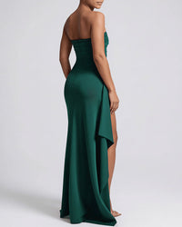 Elegant Strapless Ruched High Slit Maxi Evening Gown