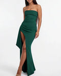 Elegant Strapless Ruched High Slit Maxi Evening Gown