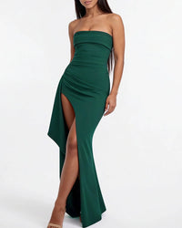 Elegant Strapless Ruched High Slit Maxi Evening Gown