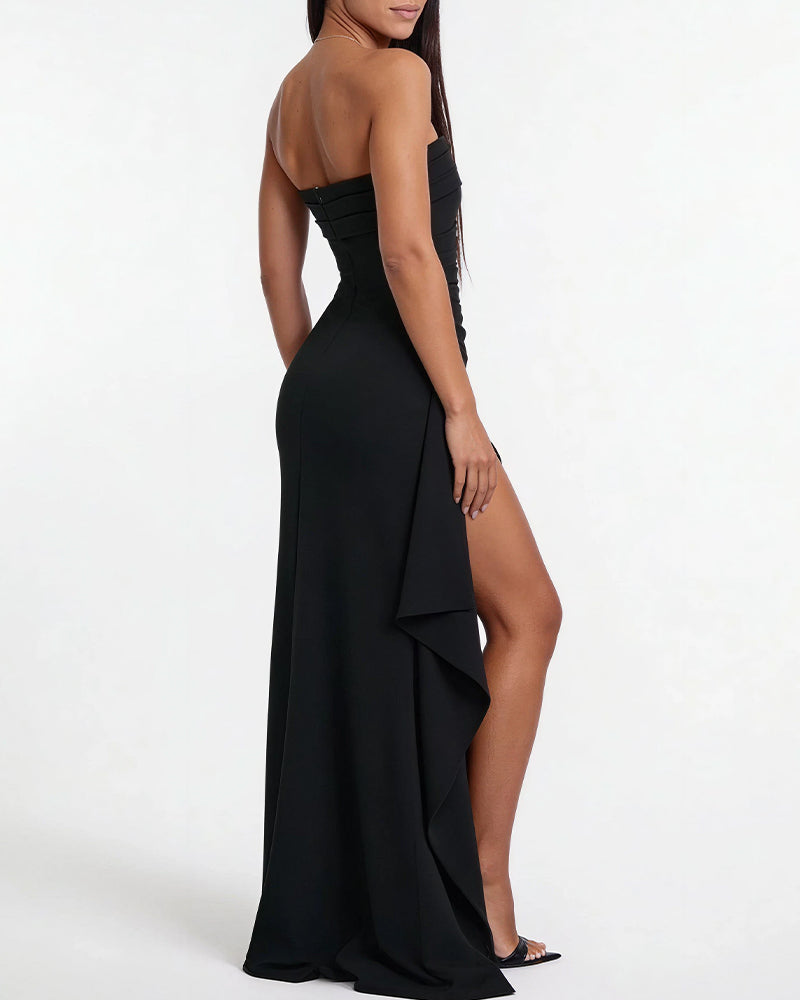 Elegant Strapless Ruched High Slit Maxi Evening Gown