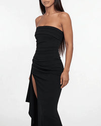 Elegant Strapless Ruched High Slit Maxi Evening Gown