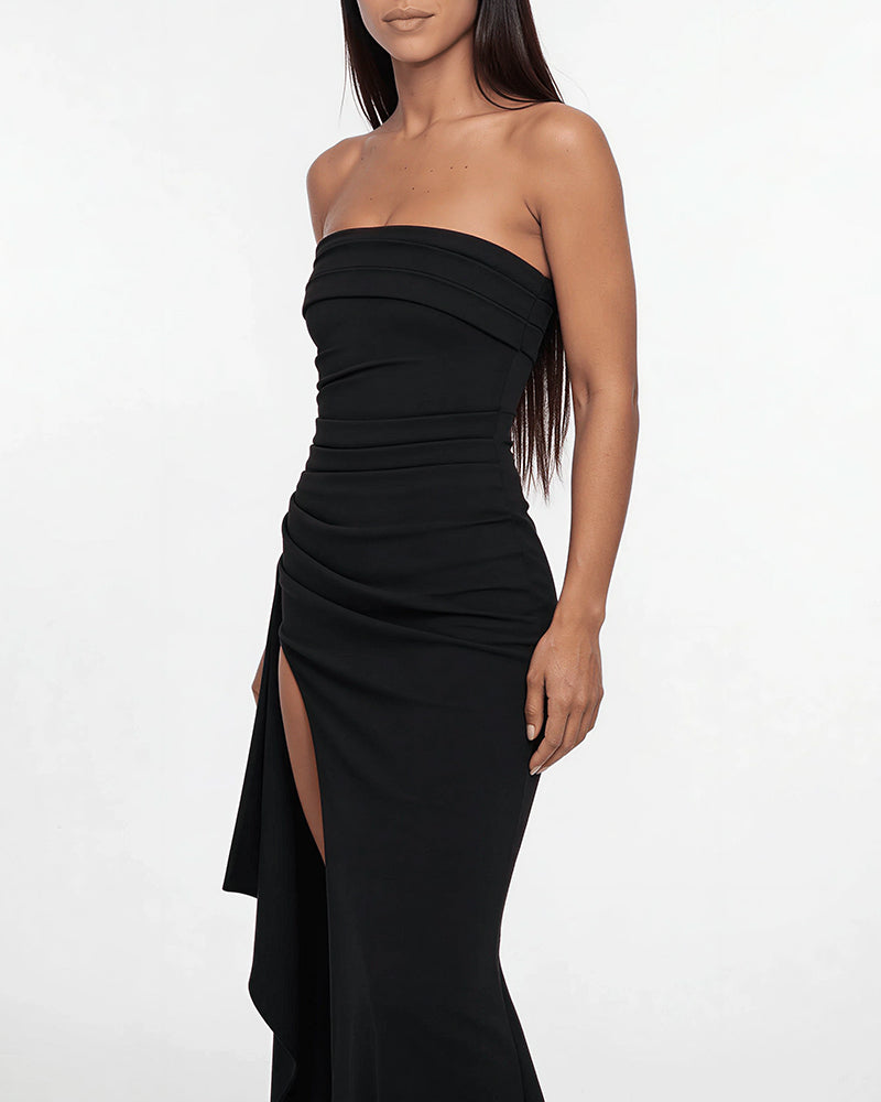 Elegant Strapless Ruched High Slit Maxi Evening Gown