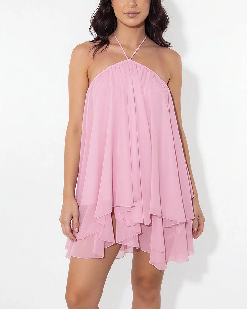 Halter Neck Tiered Mesh Mini Dress