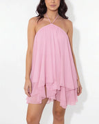 Halter Neck Tiered Mesh Mini Dress