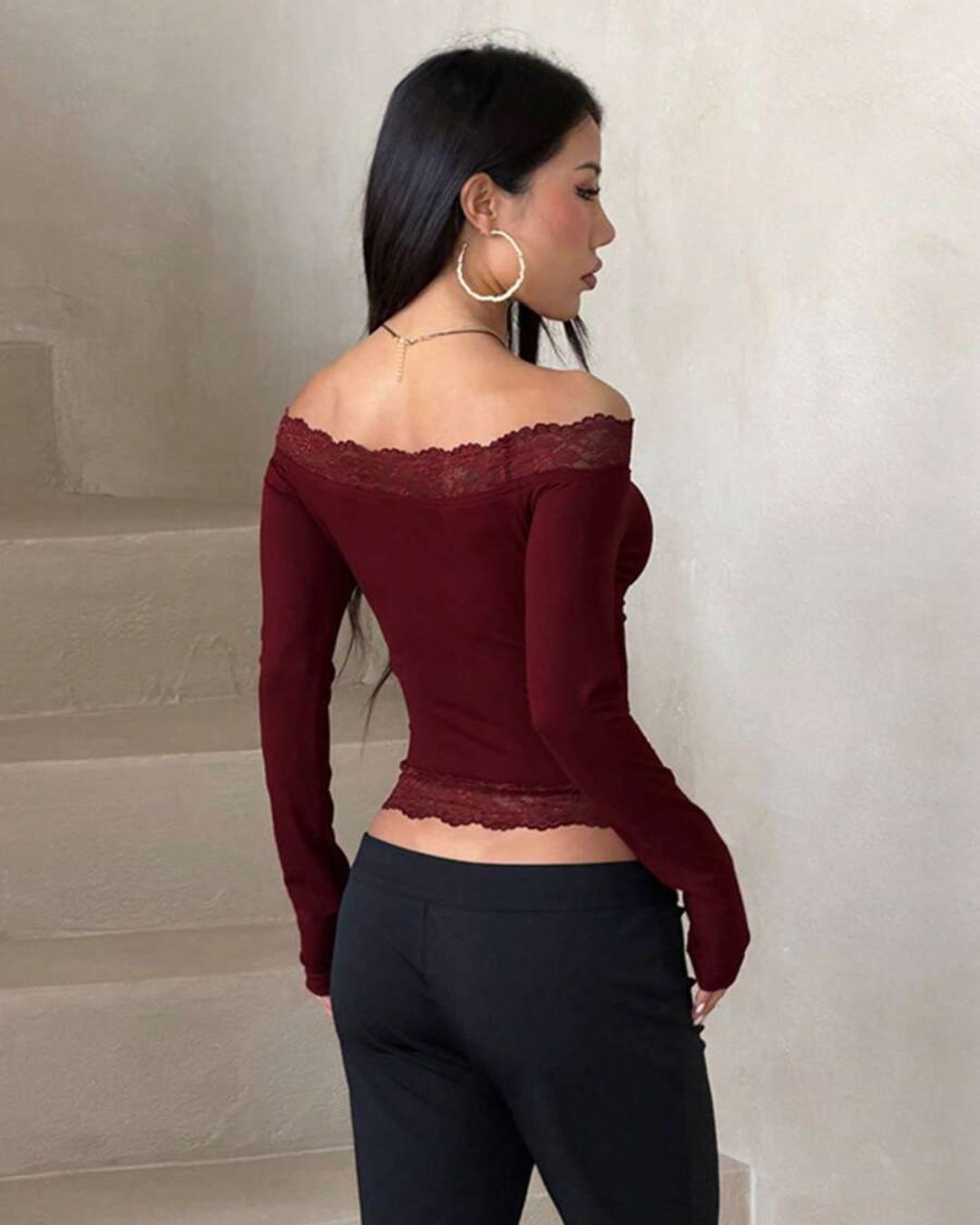 Lace-Trim Long Sleeve Casual Top
