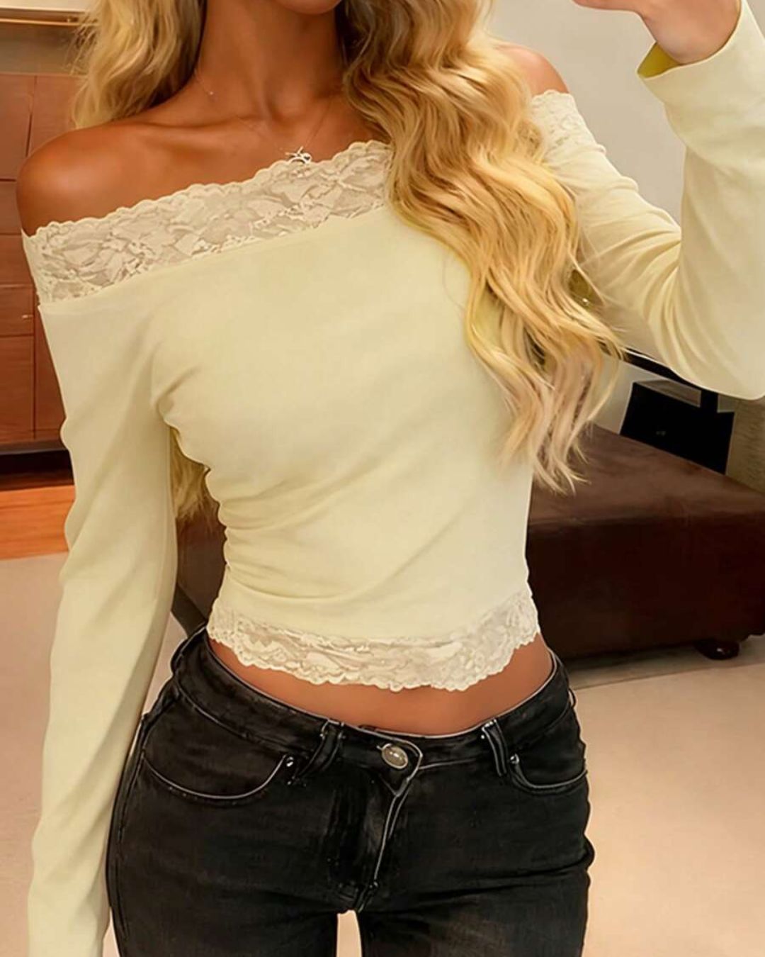 Lace-Trim Long Sleeve Casual Top