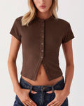 Ribbed Button-Front Cropped Tee