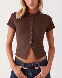 Ribbed Button-Front Cropped Tee
