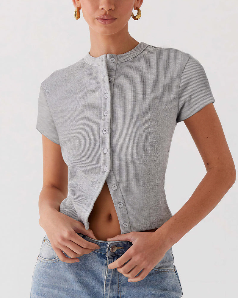 Ribbed Button-Front Cropped Tee